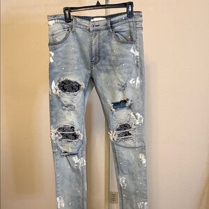 KDNK Light Blue Skinny Men’s Jeans with Distressed Patchwork